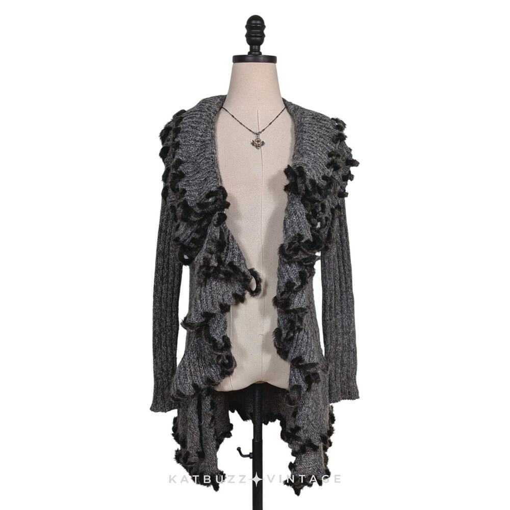 Lapis Duster Cardigan Sweater S Gray Faux Fur Whimsigoth Y2K Fairy Witchy Boho - Picture 2 of 11